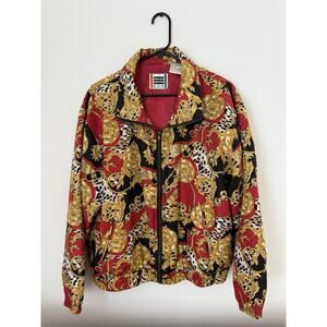 VINTAGE EVR WOMEN'S PRINTED 100% SILK ZIP-UP BOMBER JACKET SIZE L